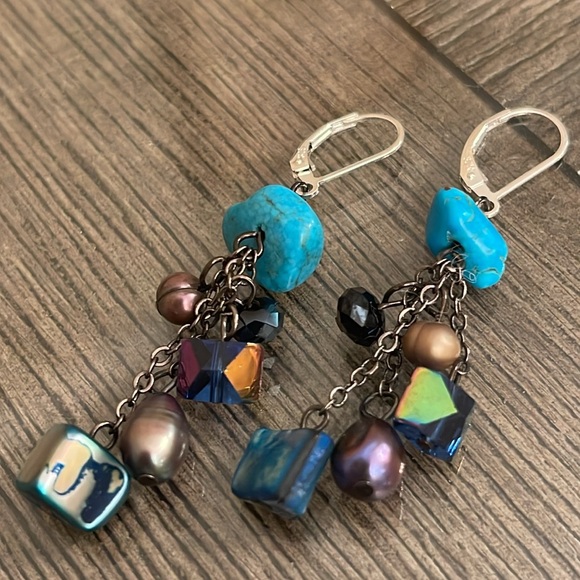 Vintage Sterling Lever Back Shell, Stone, and Crystal Dangle Earrings - Picture 2 of 12